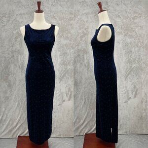 Vintage Navy Blue Star Embroidered Velour Side Slit Tank Maxi Dress